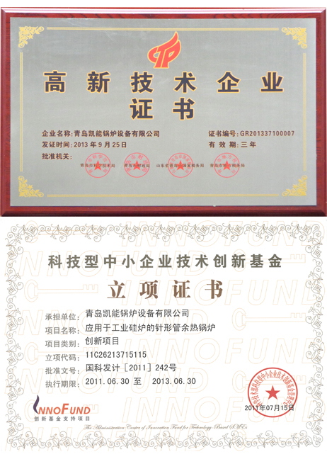 青島凱能鍋爐高新技術(shù)企業(yè)證書、立項(xiàng)證書
